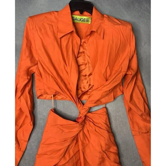 $660 GAUGE81 Mandarin Plunge Neck Cutout Dress Long Sleeve 100% Silk Women Small